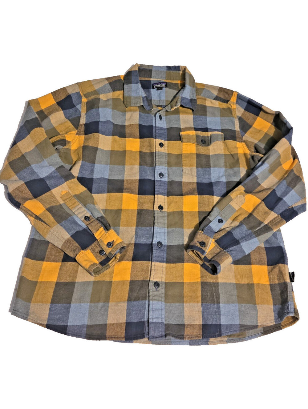 Patagonia Fjord Flannel Shirt Mens L Organic Cotton Plaid Button Up Blue Yellow